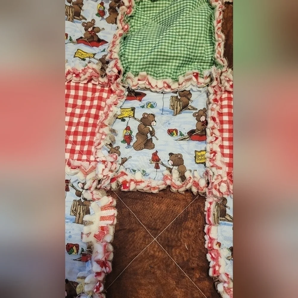 Handmade rag throw quilt fishing bears New